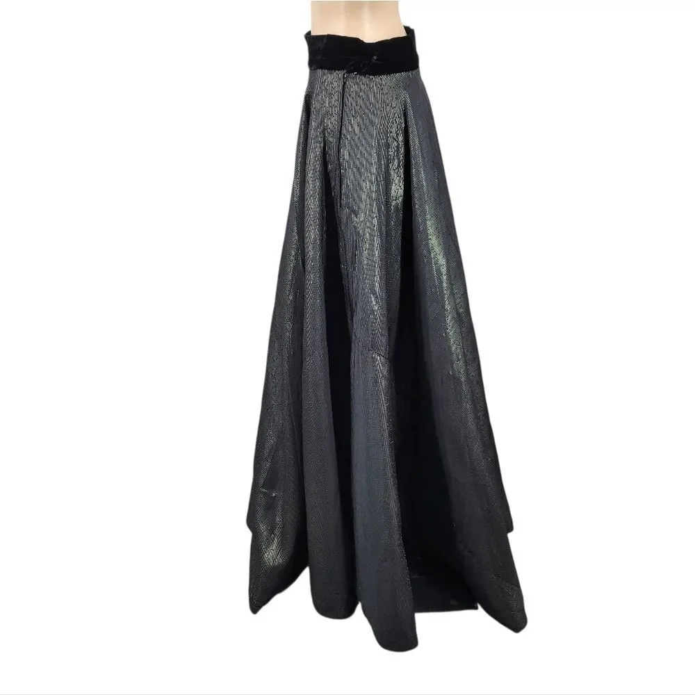 50s Handmade Lurex Black and Gold Striped Fabric Maxi Skirt Velvet Waistband
